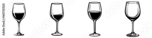 A glass of wine depicted in continuous line art drawing style, set against a minimalist backdrop of a white background with a simple black line sketch, forming a modern illustration