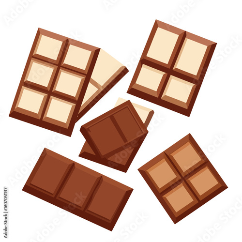 Assortment of milk and white chocolate bars and pieces in a flat vector illustration style.