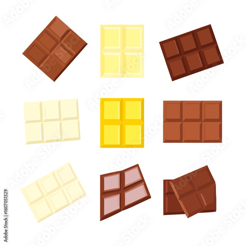 Vector illustration set of assorted chocolate bars, including dark, milk, and white chocolate pieces.