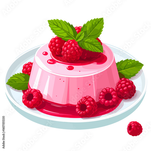 Stylized raspberry panna cotta dessert with fresh mint and berry sauce.