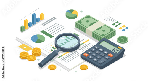 Financial analysis with magnifying glass and calculator in isometric d