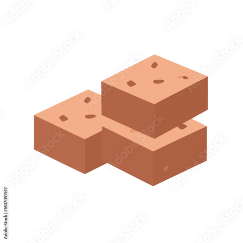 Three stacked brown fudge or caramel cubes with nut pieces. A sweet, isometric vector illustration of confectionery blocks.