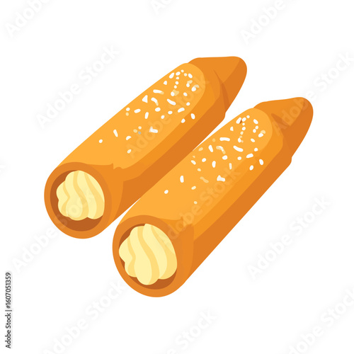 Two golden-brown pastry tubes filled with swirled cream and topped with white sprinkles.