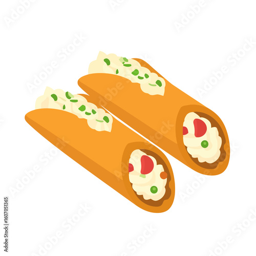 Two golden cannoli pastries with creamy ricotta filling and chopped green garnish.