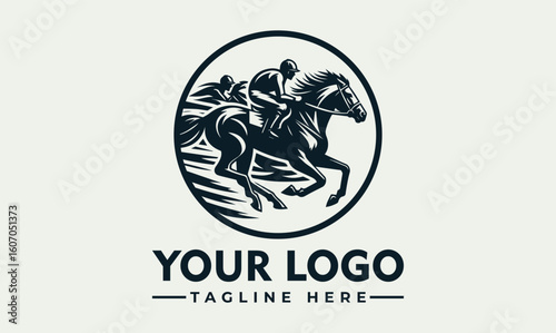 Jockey and horse racing logo design, dynamic monochrome illustration, circular frame.