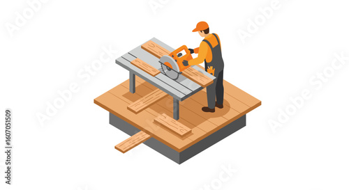 Carpenter operating circular saw on wooden planks in isometric worksho