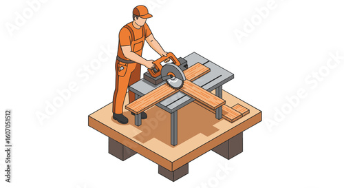 Isometric carpenter sawing wood on table saw in workshop setting