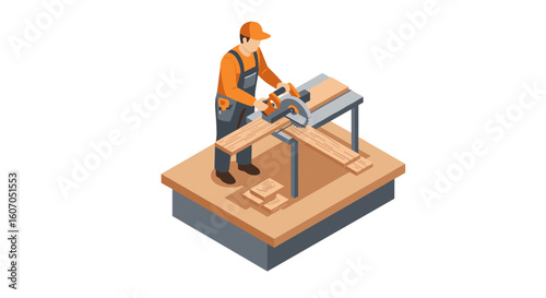 Isometric carpenter working with table saw for woodworking projects