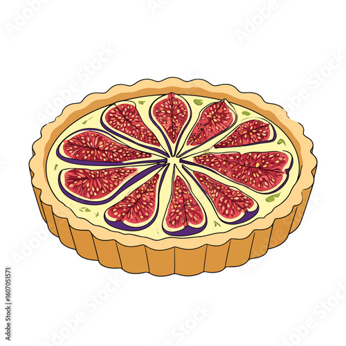 Vibrant illustrated fig tart with a creamy filling and golden fluted crust, topped with sliced figs in a radial pattern.