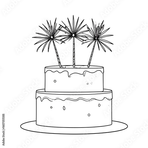 Hand-drawn two-tier celebration cake with dripping icing and three sparkler toppers.
