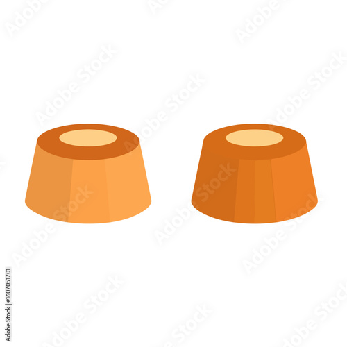 A pair of stylized orange caramel flan puddings, shown in a flat vector isometric view.