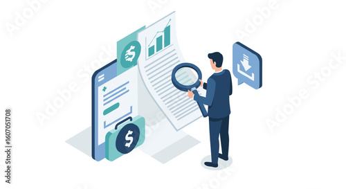 Business analysis and financial data review in isometric style