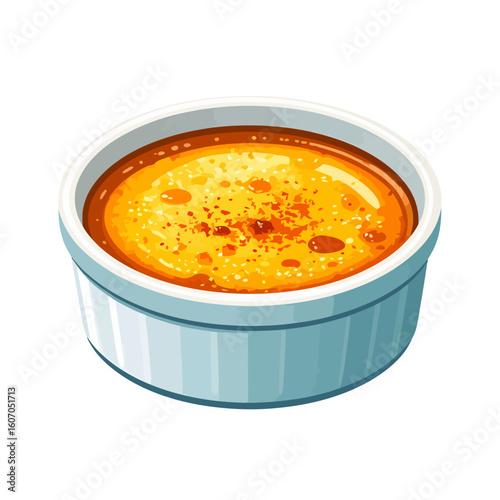 Gourmet cr?me br?l?e with a glossy, torched sugar crust in a classic white ribbed ramekin.