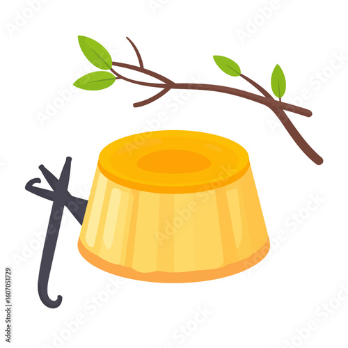 Smooth yellow vanilla flan dessert with dark vanilla pods and a decorative green sprig.
