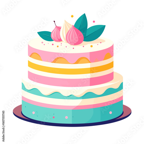 Stylized two-tier celebration cake with colorful striped frosting, topped with figs and leaves.