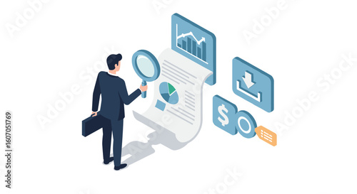 Isometric business analysis: businessman examining financial report wi
