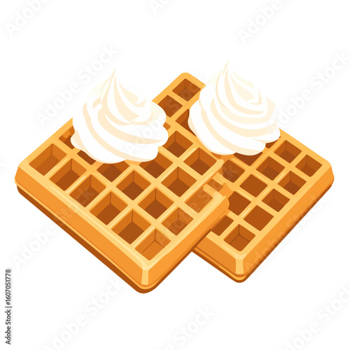 Two delicious golden-brown Belgian waffles topped with swirls of fresh whipped cream.