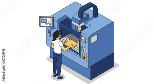 Isometric cnc machine with operator in industrial setting