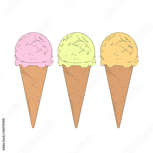 Hand-drawn illustration of three colorful ice cream cones with pink, green, and orange scoops in a row.