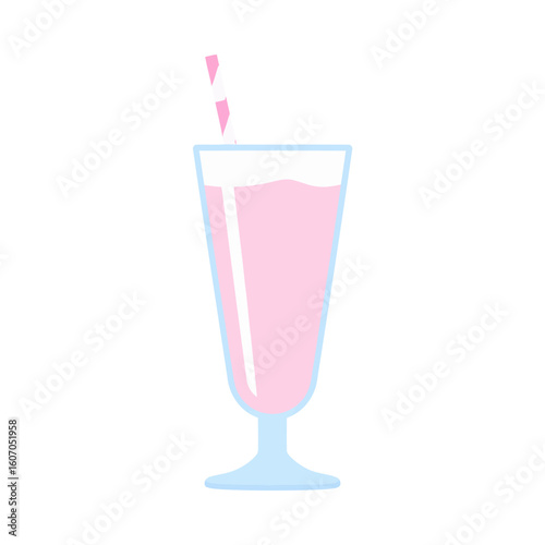 Pastel pink milkshake in a light blue glass with a striped straw, minimalist flat vector icon.