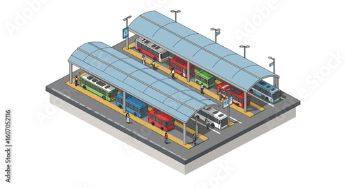 Isometric urban bus terminal with buses and passengers in modern desig