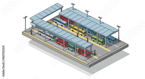 Isometric urban bus terminal with colorful buses