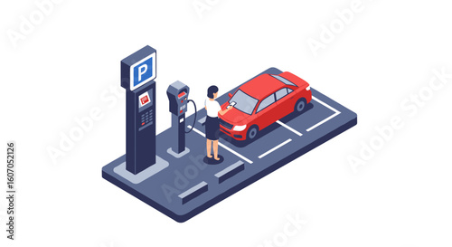 Woman paying at parking meter beside red car in isometric urban settin