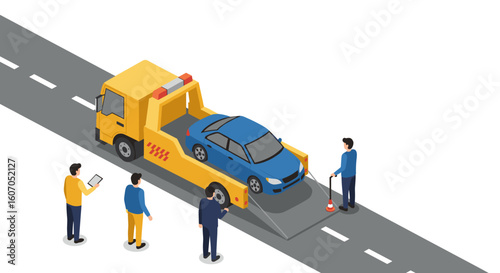 Isometric car towing scene with professionals on road