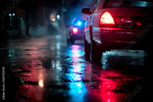 Police cars responding during a rainy night in an urban area with reflective surfaces