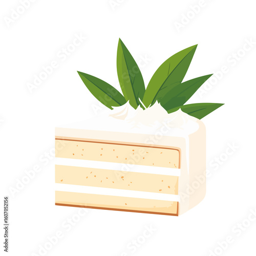 A delicious slice of three-layer vanilla cake with white frosting and a fresh green leaf garnish.