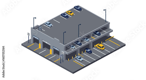 Isometric parking garage with cars and traffic signs