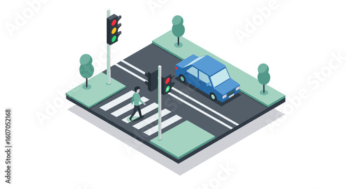 Isometric urban traffic scene with pedestrian and car at crosswalk