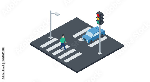 Isometric urban crosswalk with pedestrian and traffic elements