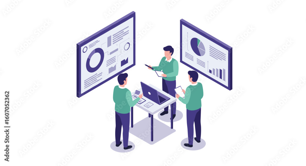 Obraz premium Team analyzing data in an office with charts and laptops in an isometr