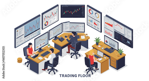Isometric trading floor with analysts and market charts on screens in