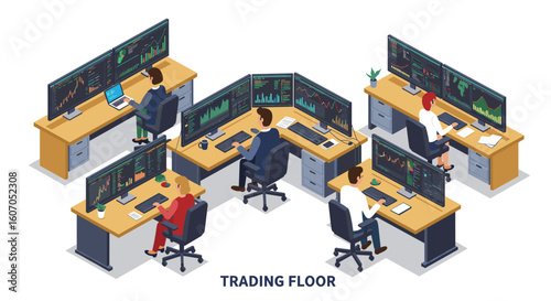 Isometric trading floor with financial analysts at computer desks in m