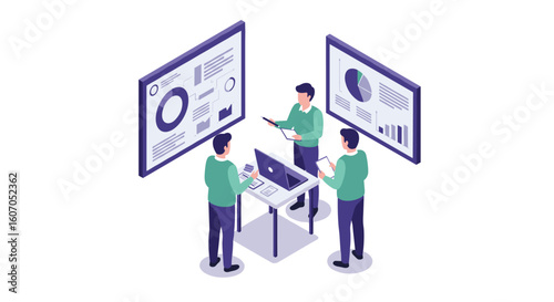 Team analyzing data in an office with charts and laptops in an isometr