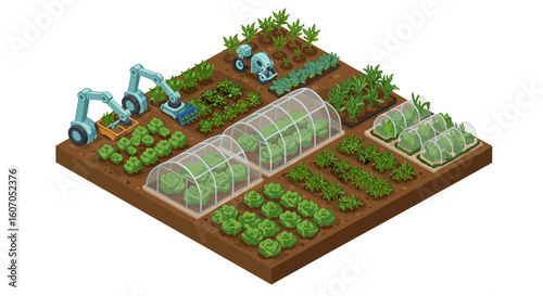 Futuristic isometric smart farm with robotics and greenhouse technolog