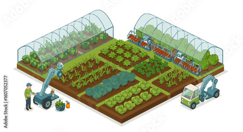 Automated farming with robots in modern greenhouse isometric illustrat