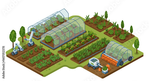Modern isometric farm with automated greenhouses and robotic technolog