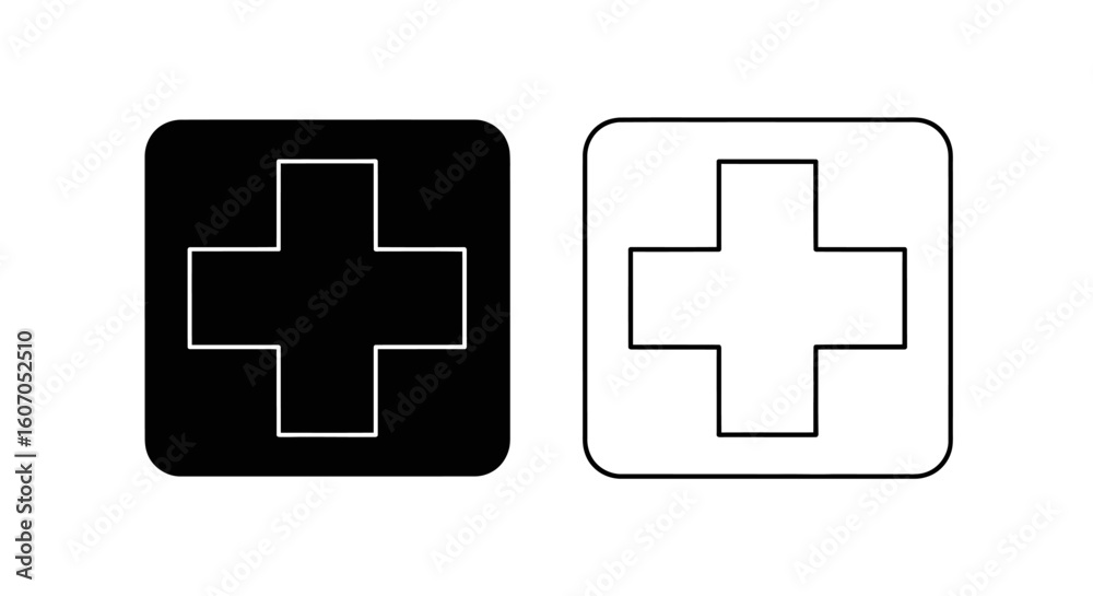 Fototapeta premium Two simple medical cross symbols; one black, one white outline.