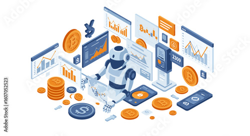 Isometric robot analyzing cryptocurrency market with digital interface