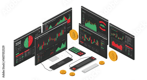 Cryptocurrency trading dashboard with graphs and coins in isometric de