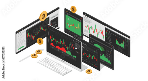 Cryptocurrency trading analytics with multiple screens in a 3d isometr