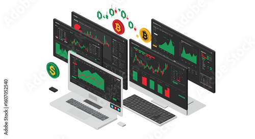 Modern financial trading dashboard with cryptocurrency symbols in isom