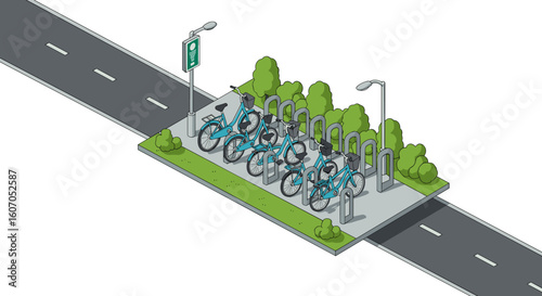 Isometric bicycle parking spot with bike sharing station on urban road