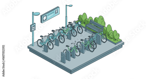 Isometric bicycle parking with bench and signage in urban park setting