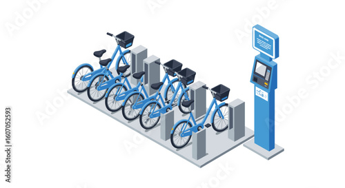 Modern isometric urban bike sharing system with rental station and ele