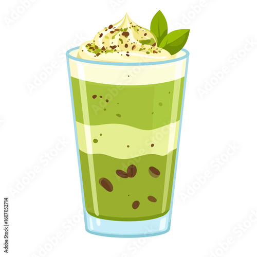 Layered green matcha coffee drink with whipped cream, sprinkles, and fresh leaf garnish in a glass.
