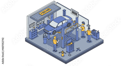 Modern auto repair shop isometric design featuring mechanics and car m